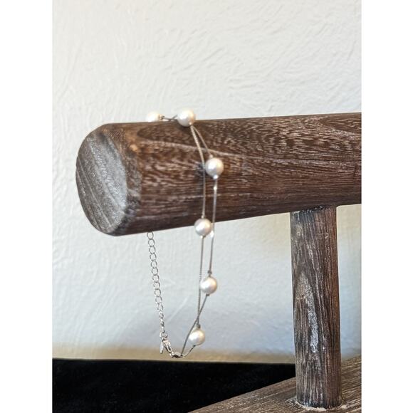 925 Sterling Double Strand Floating Faux Pearl Bracelet - Picture 1 of 5